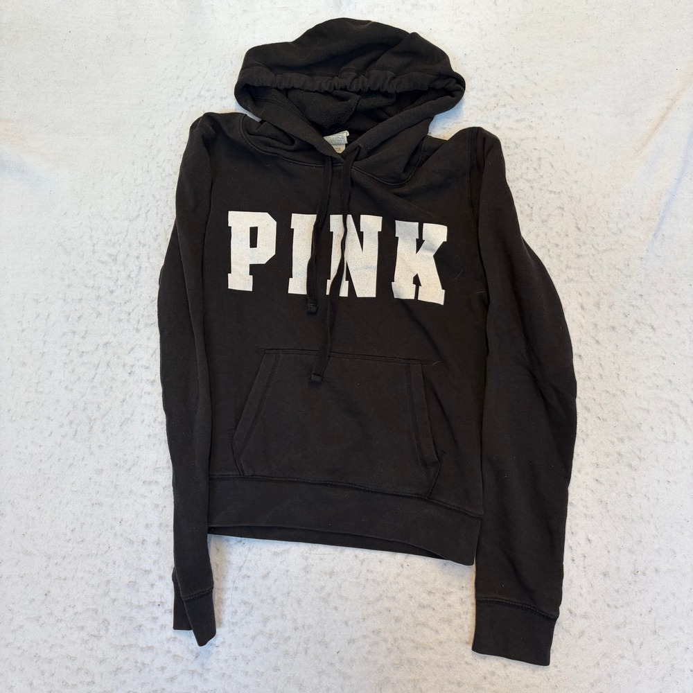 PINK Victoria's Secret Hoodie Women Medium Black Logo Pullover Long Sleeve